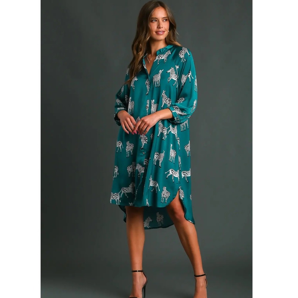 Umgee Teal Blue Tee-Shirt Dress Hi-Low Zebra Print Button Front Satin Dress